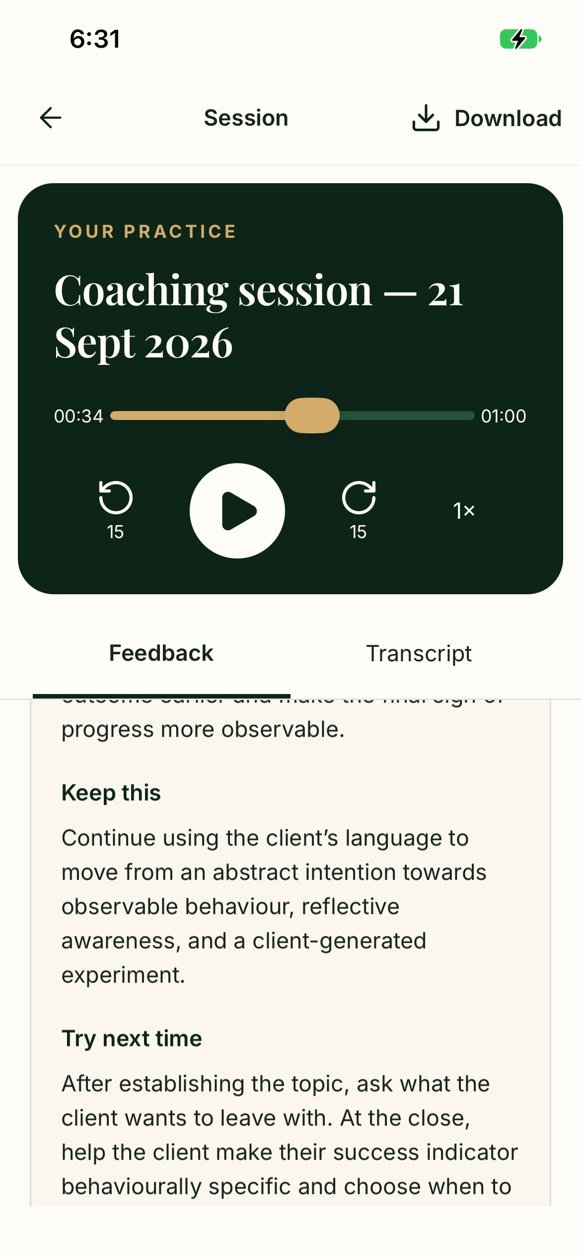 The Coaching Map session recording, transcript and feedback screen